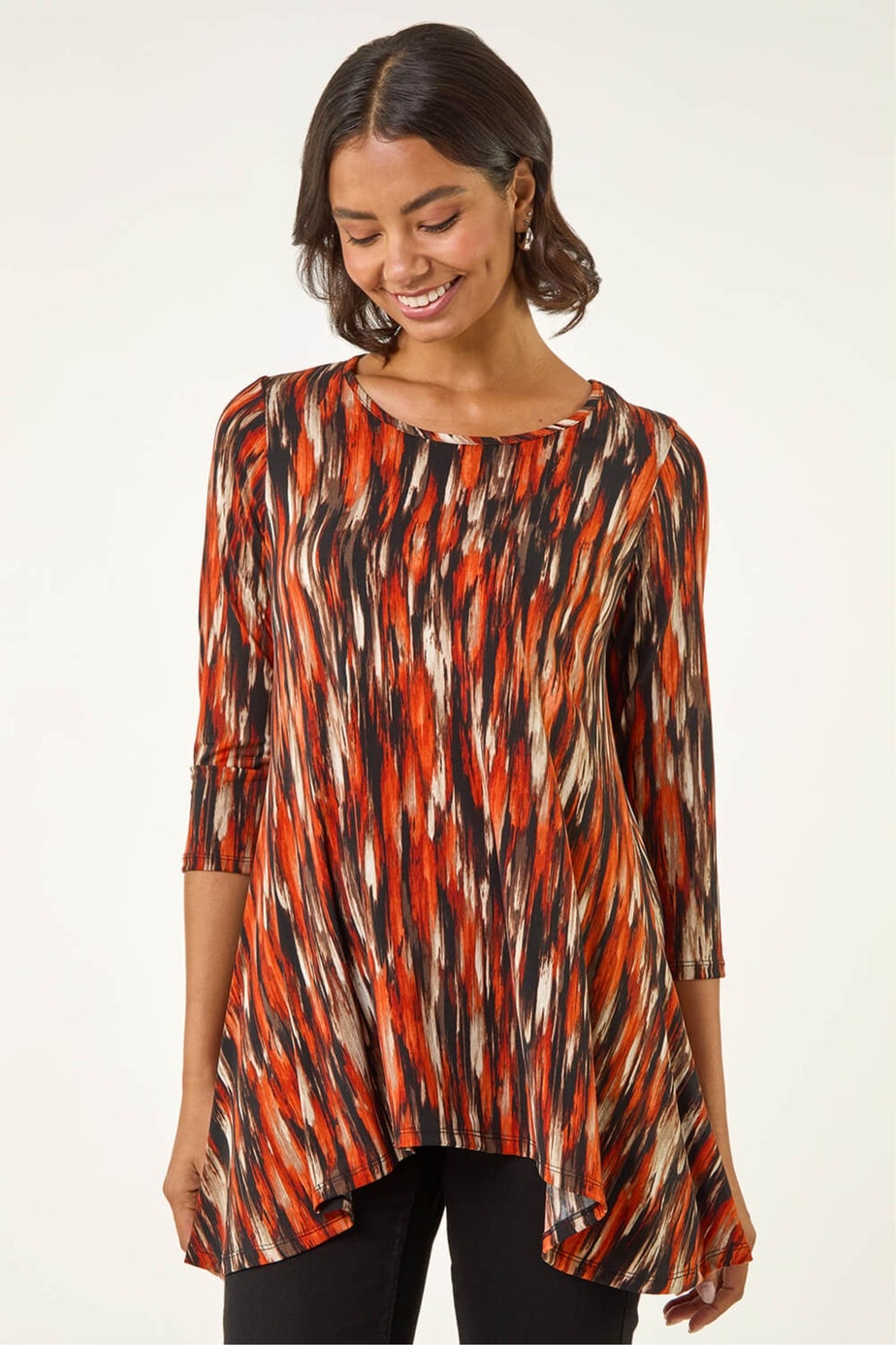 Roman Orange Abstract Print Hanky Hem Stretch Top