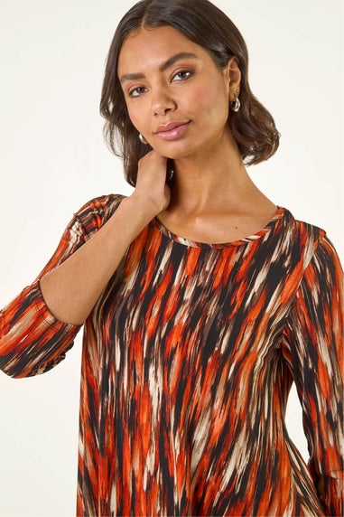 Roman Orange Abstract Print Hanky Hem Stretch Top