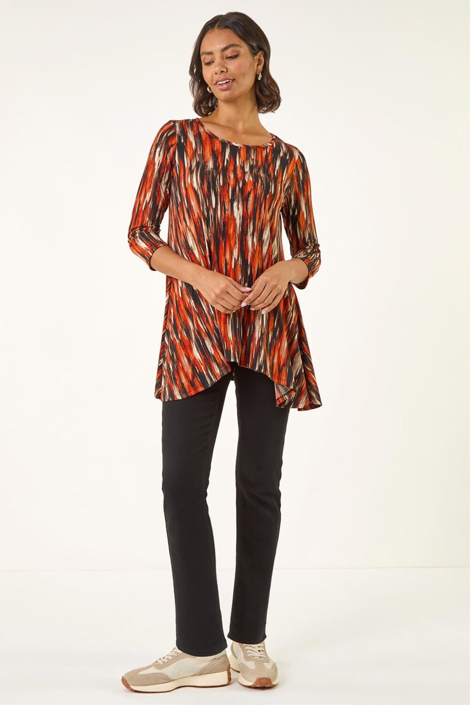 Roman Orange Abstract Print Hanky Hem Stretch Top