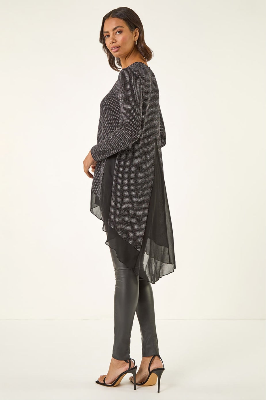 Roman Black Shimmer Chiffon Hem Stretch Top
