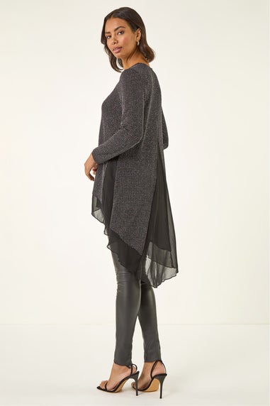 Roman Black Shimmer Chiffon Hem Stretch Top