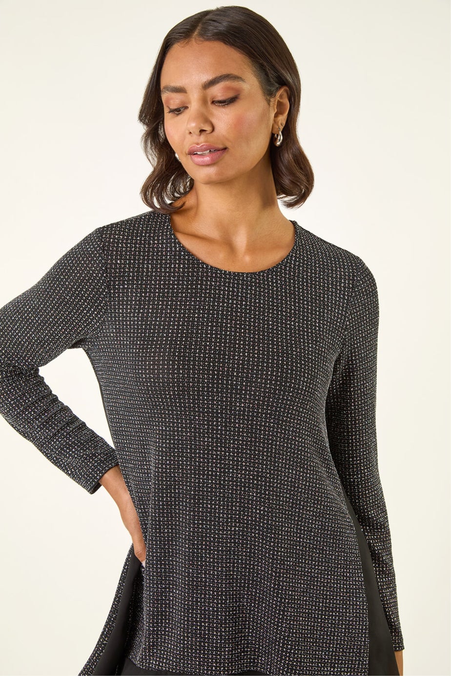 Roman Black Shimmer Chiffon Hem Stretch Top