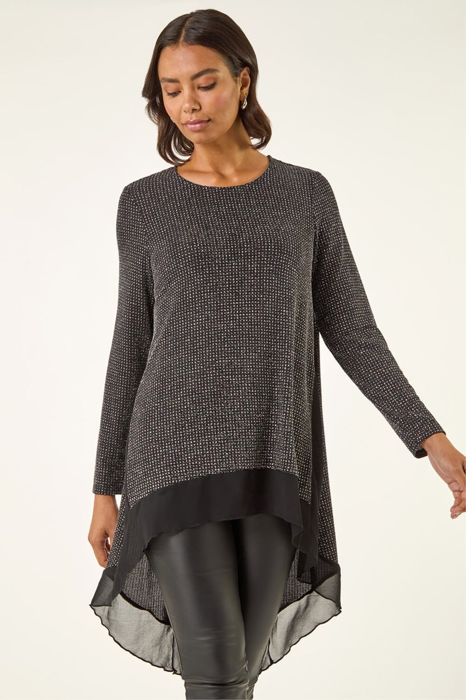 Roman Black Shimmer Chiffon Hem Stretch Top