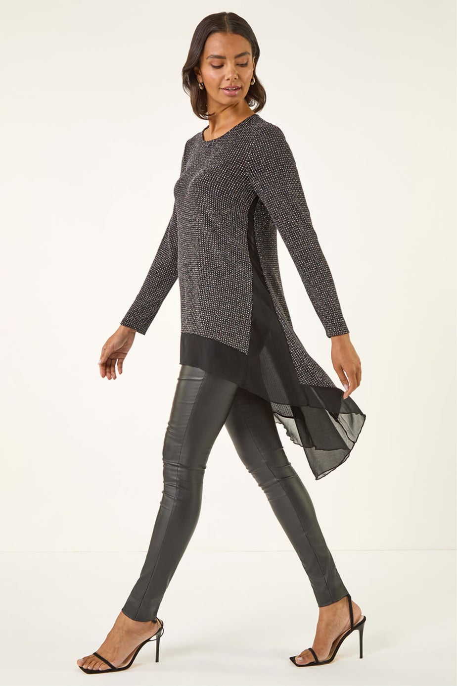 Roman Black Shimmer Chiffon Hem Stretch Top