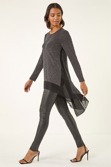 Roman Black Shimmer Chiffon Hem Stretch Top