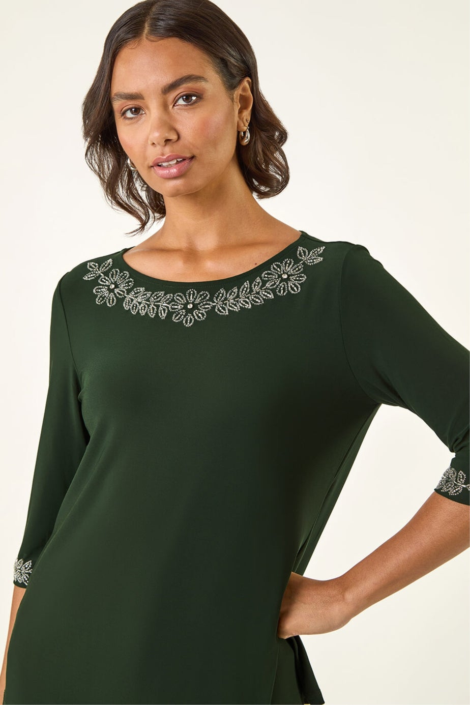 Roman Dark Green Embellished Stretch Tunic Top