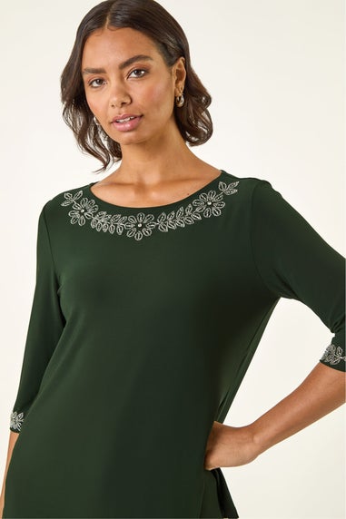 Roman Dark Green Embellished Stretch Tunic Top