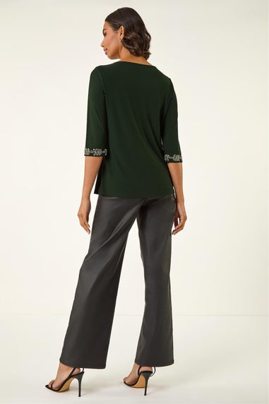 Roman Dark Green Embellished Stretch Tunic Top