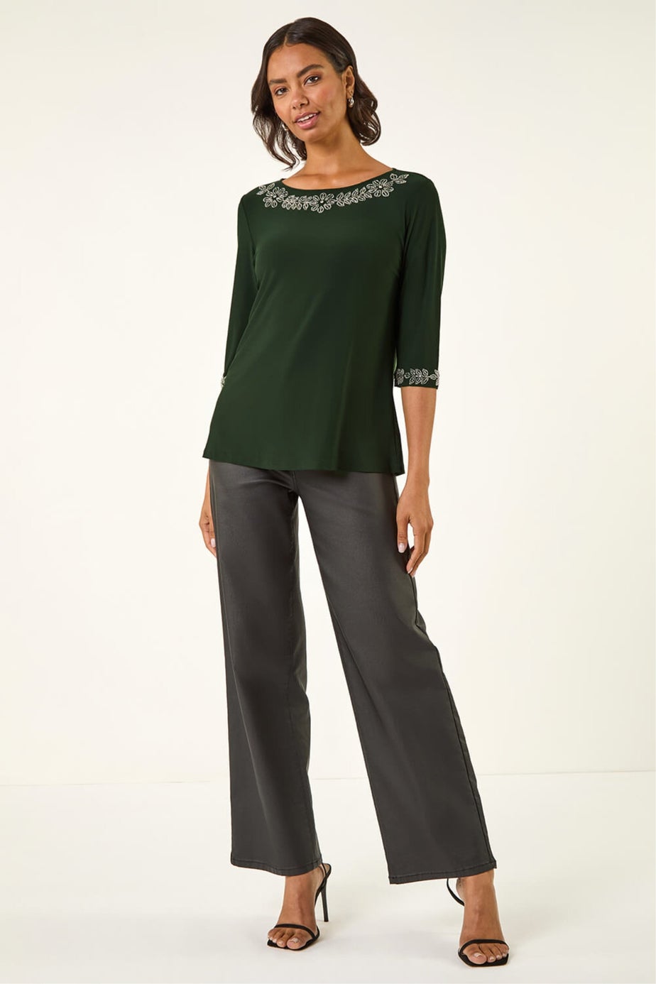 Roman Dark Green Embellished Stretch Tunic Top