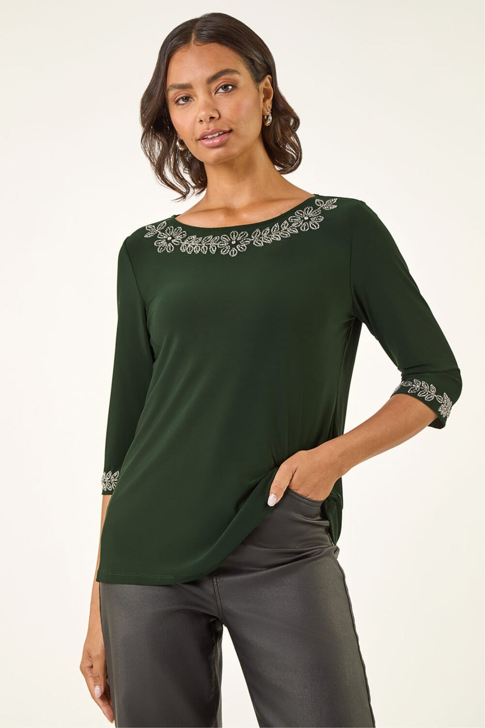 Roman Dark Green Embellished Stretch Tunic Top