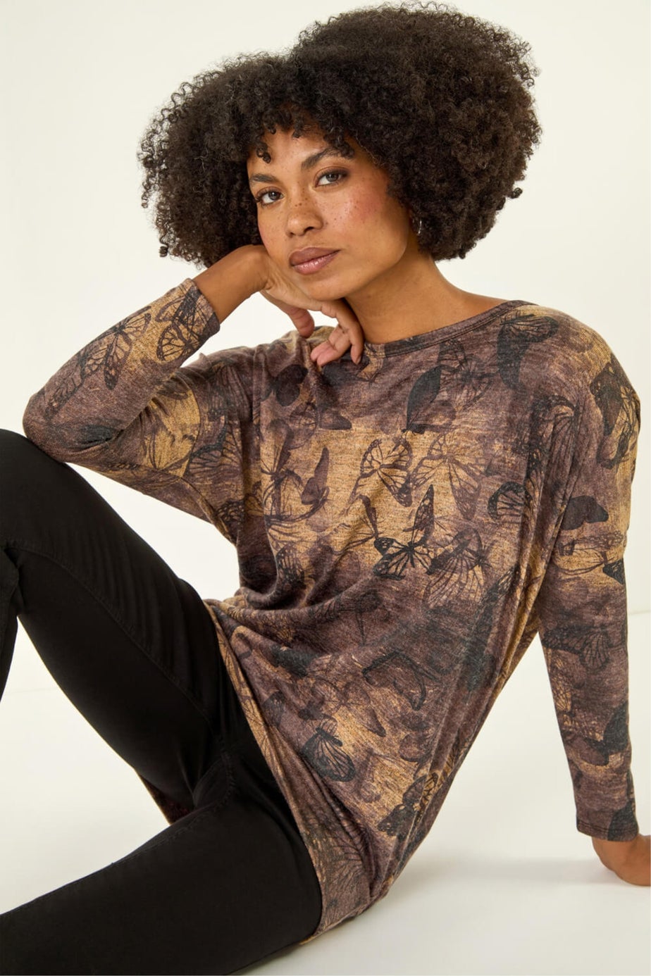 Roman Tan Butterfly Print Snit Top