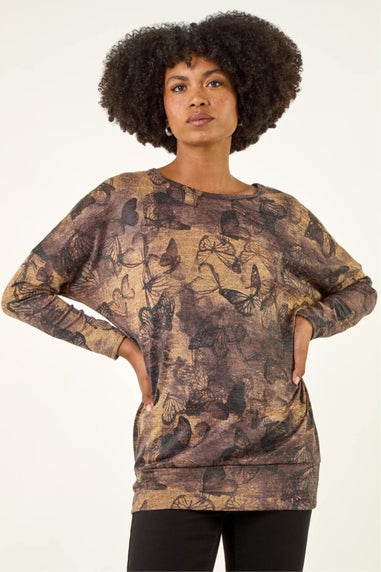 Roman Tan Butterfly Print Snit Top