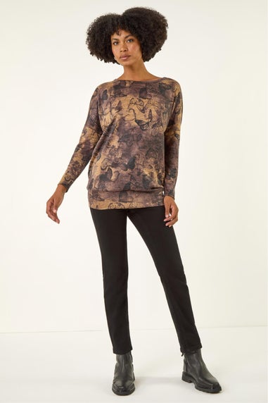 Roman Tan Butterfly Print Snit Top