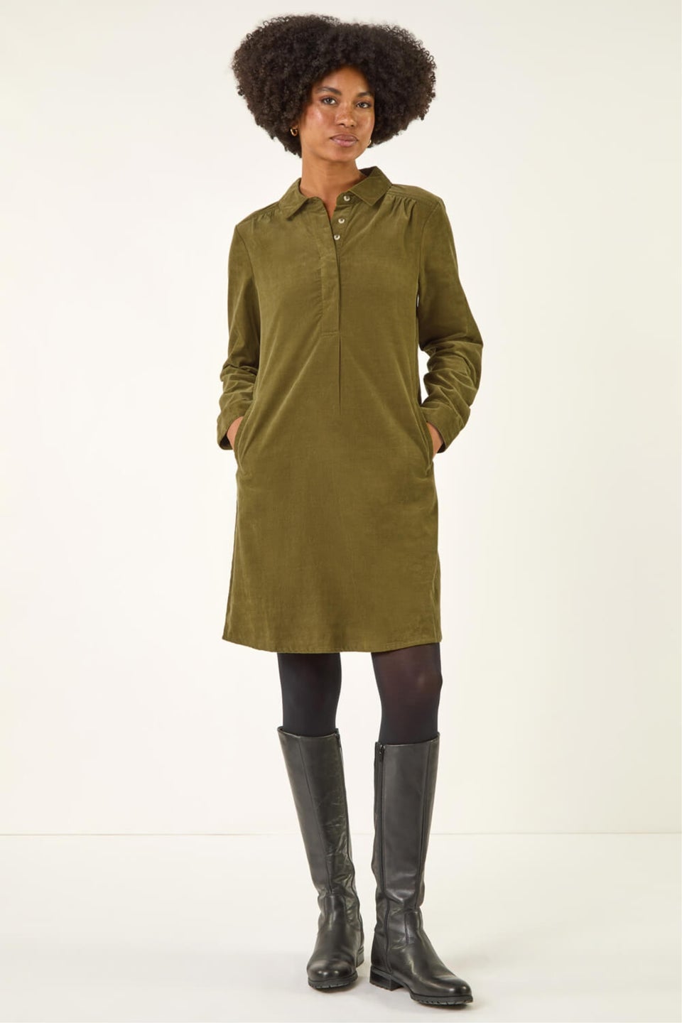 Roman Olive Corduroy Tunic Shirt Dress