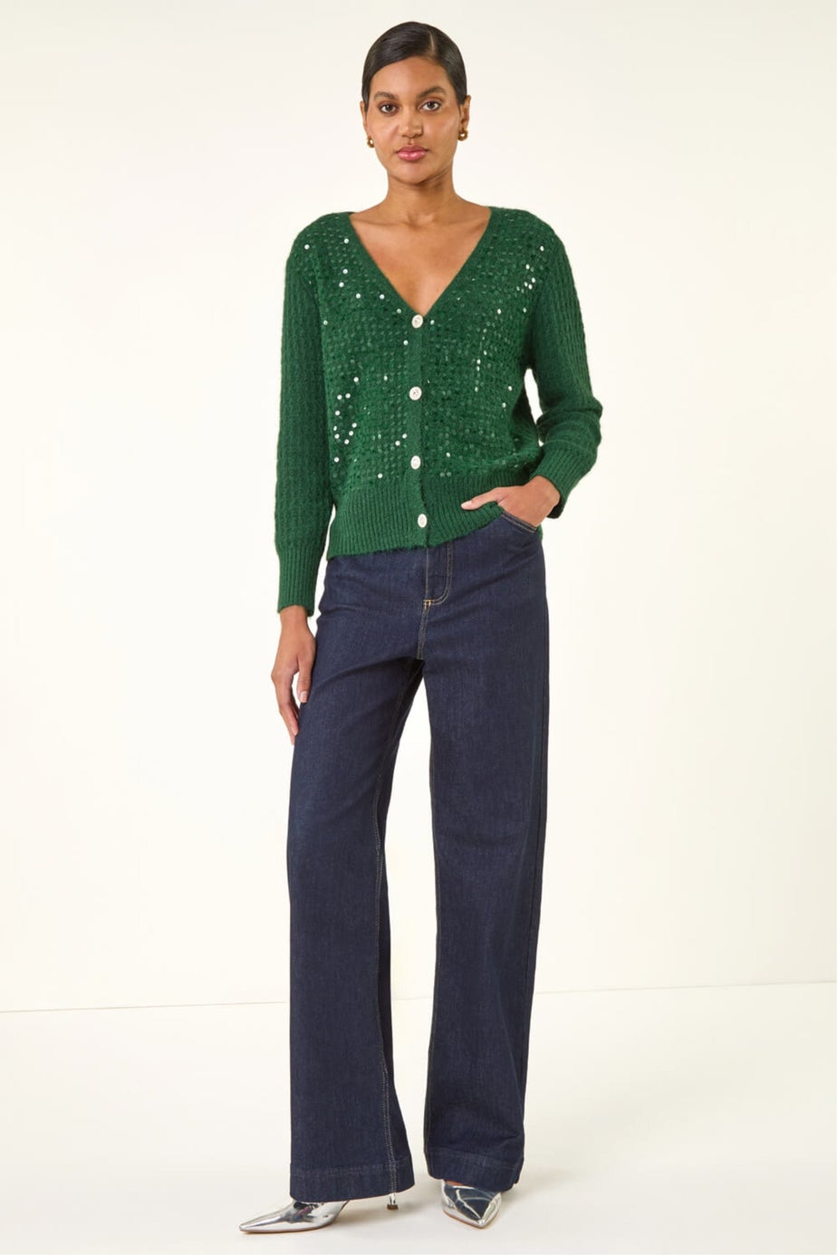 Roman Forest Buttoned Sequin Knit Cardigan