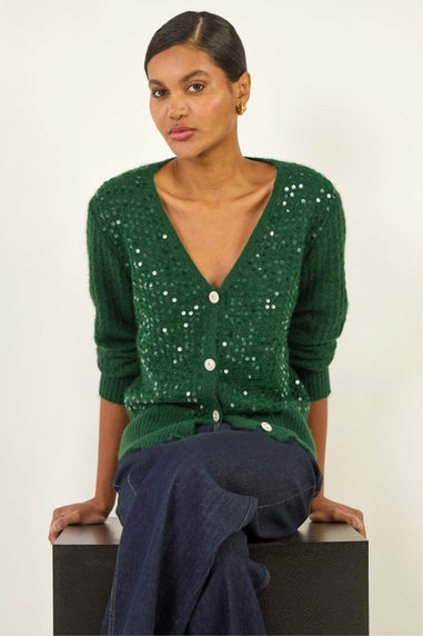 Roman Forest Buttoned Sequin Knit Cardigan