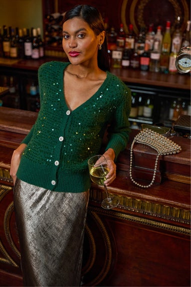 Roman Forest Buttoned Sequin Knit Cardigan