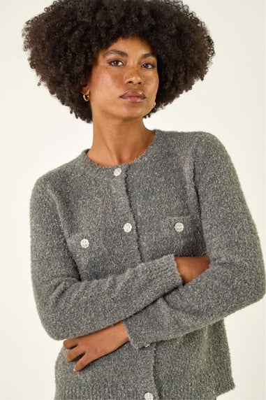 Roman Grey Fluffy Sparkly Button Cardigan