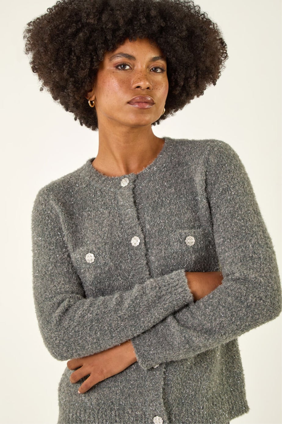 Roman Grey Fluffy Sparkly Button Cardigan