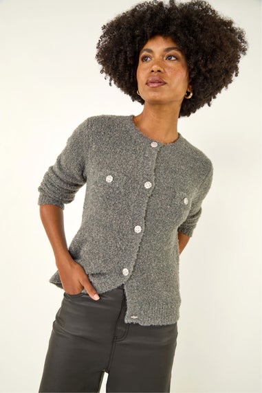 Roman Grey Fluffy Sparkly Button Cardigan