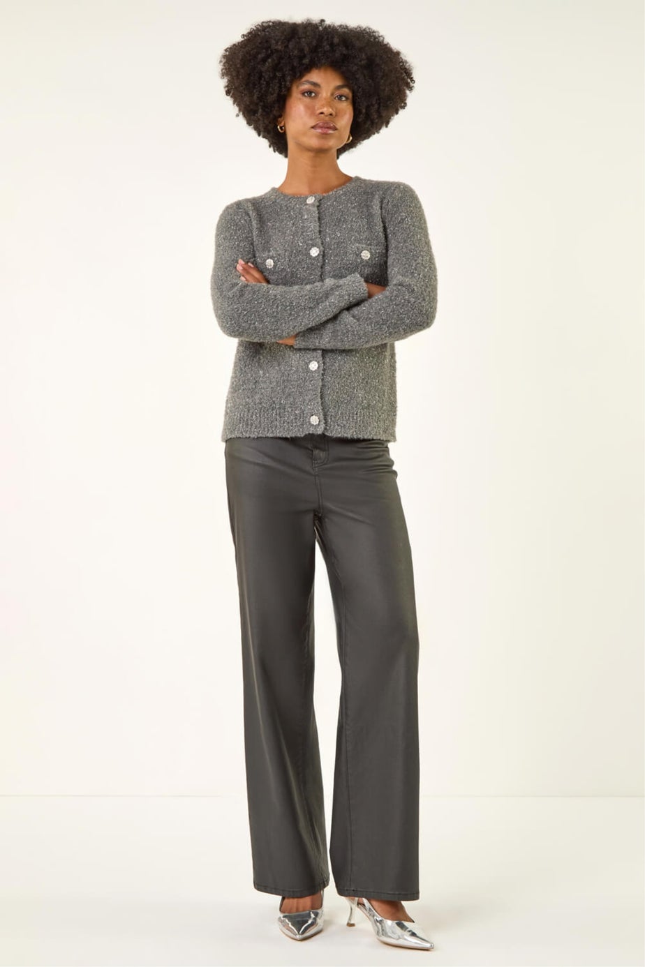 Roman Grey Fluffy Sparkly Button Cardigan