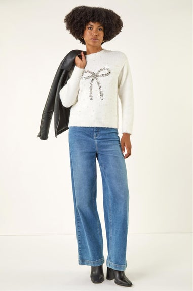 Roman Ivory Embellished Bow Front Knit Jumper