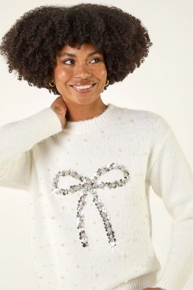 Roman Ivory Embellished Bow Front Knit Jumper