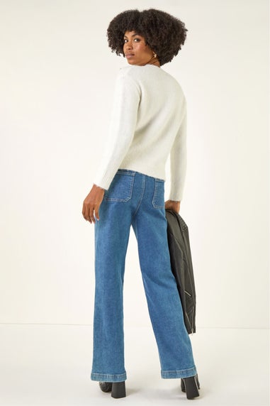 Roman Ivory Embellished Bow Front Knit Jumper