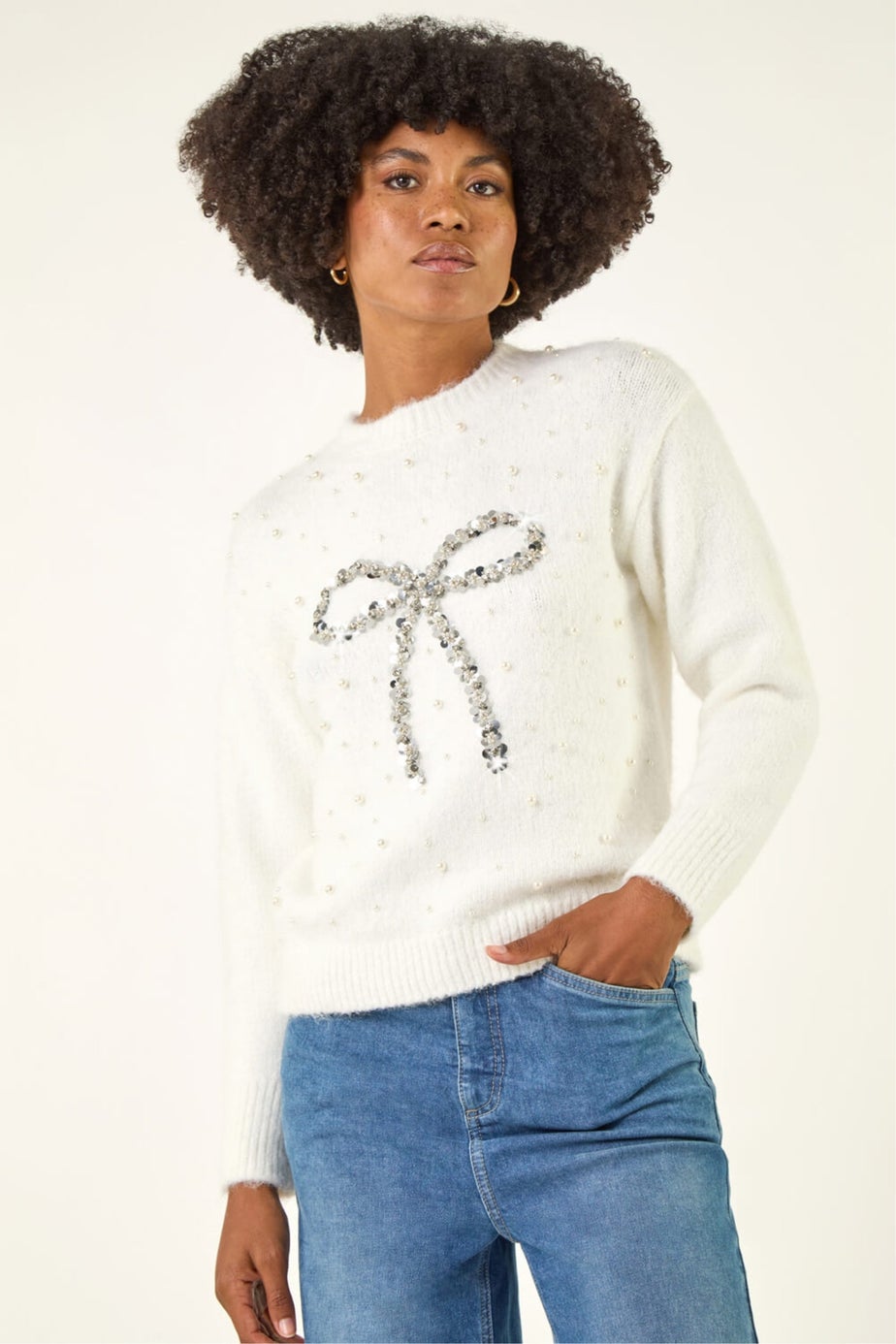 Roman Ivory Embellished Bow Front Knit Jumper