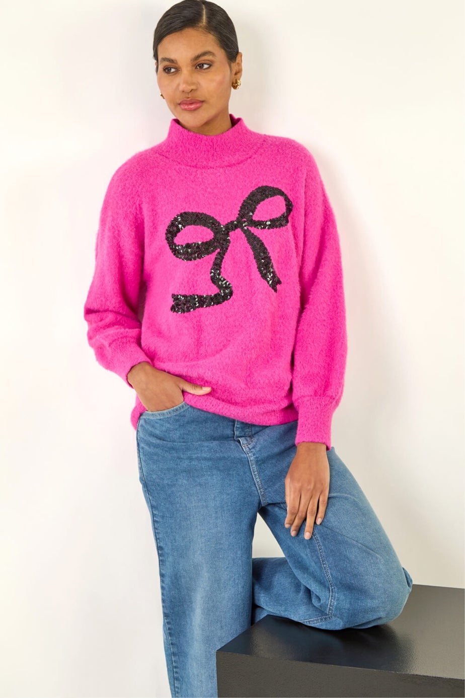 Roman Pink Festive Sequin Bow Knit Jumper