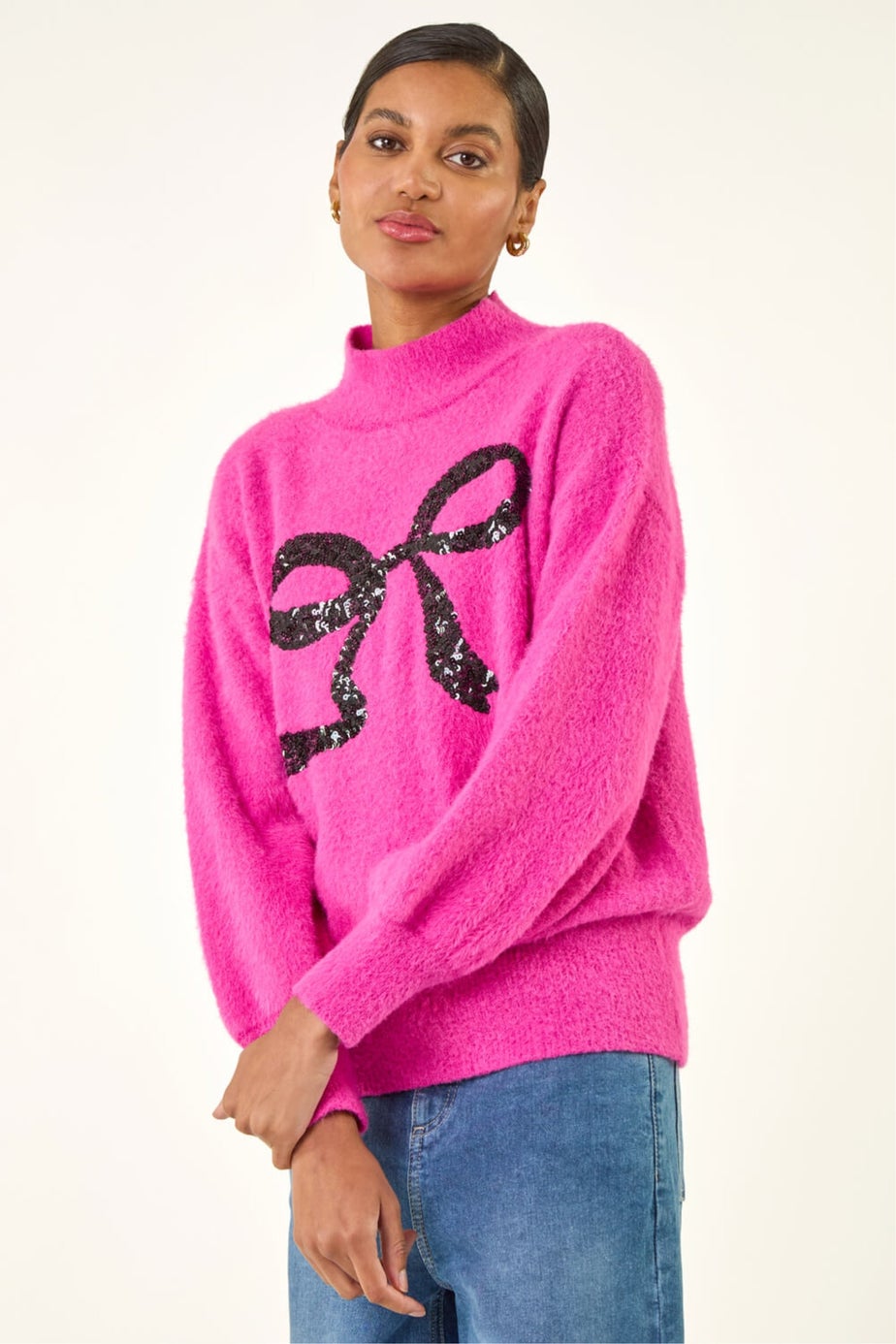 Roman Pink Festive Sequin Bow Knit Jumper