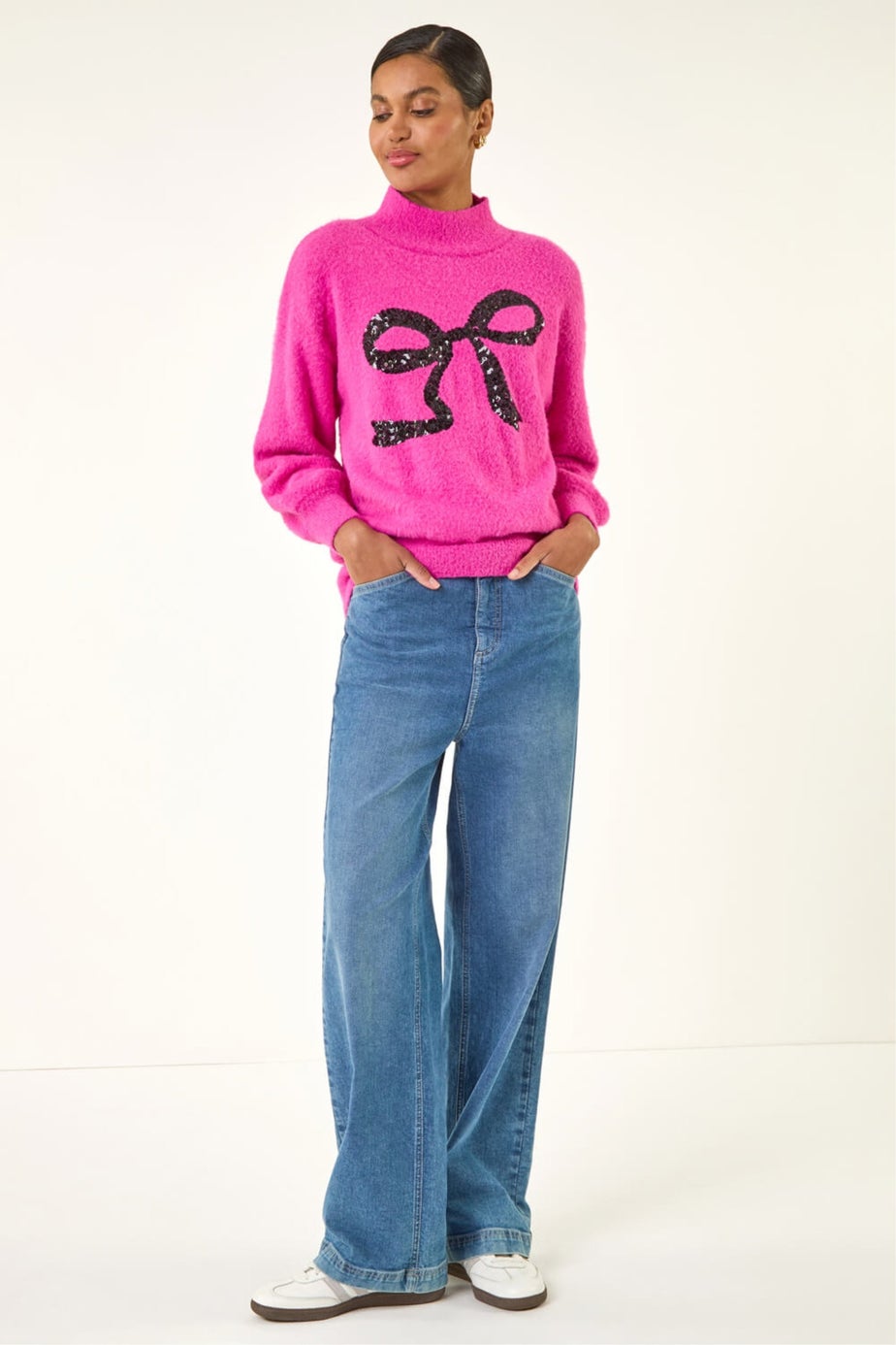 Roman Pink Festive Sequin Bow Knit Jumper