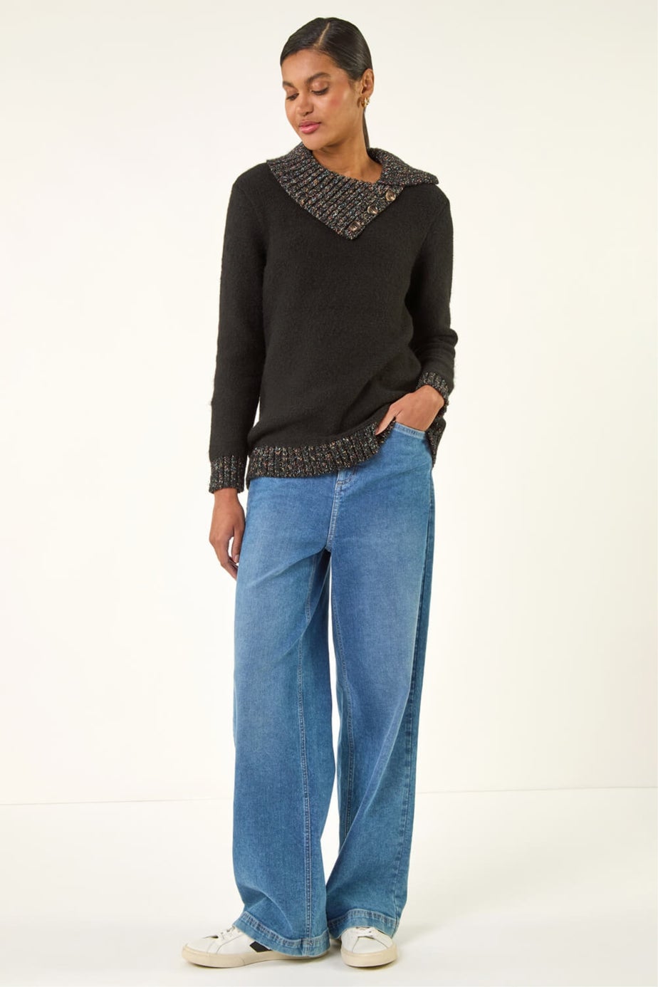 Roman Black Collared Buttoned Knit Jumper