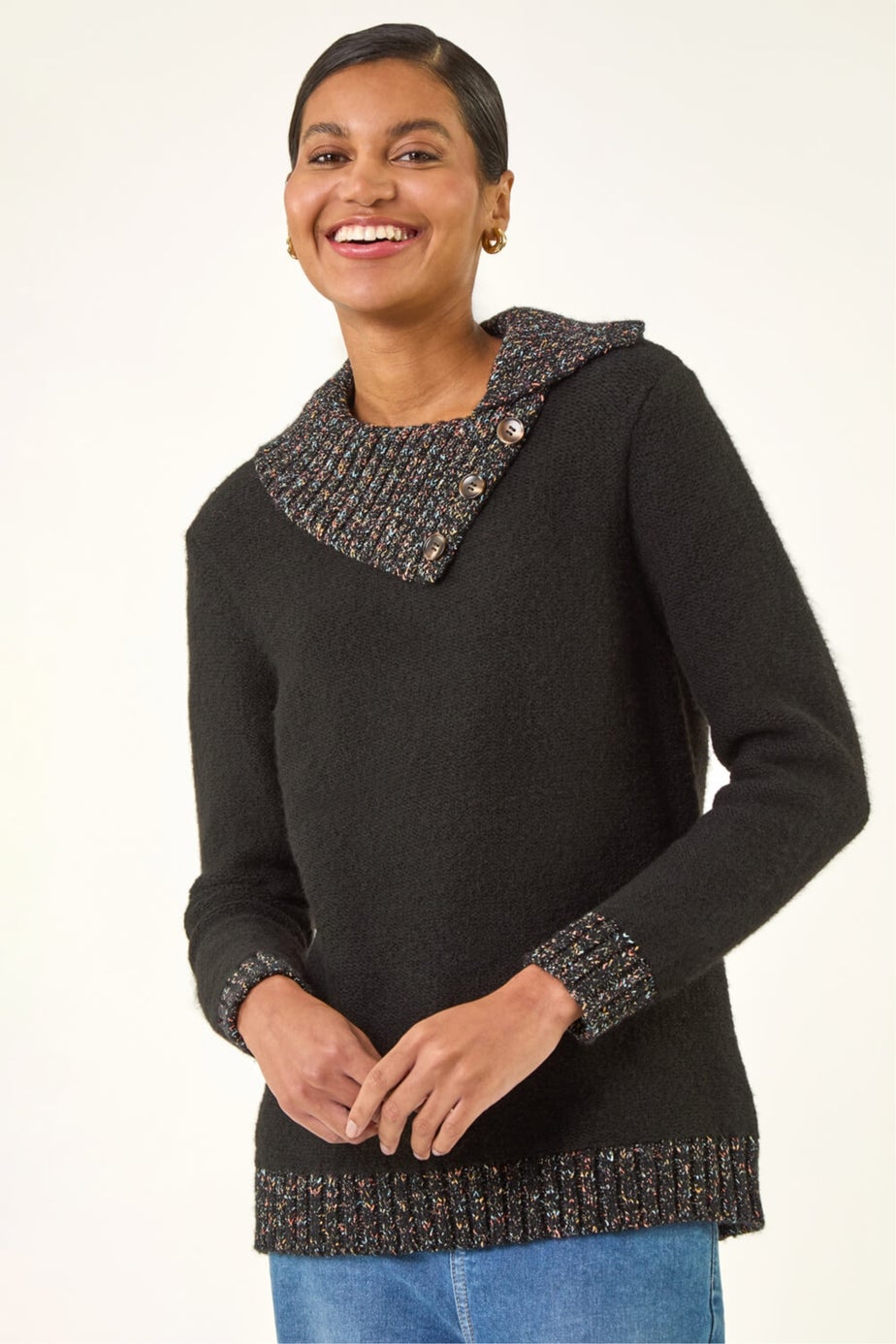 Roman Black Collared Buttoned Knit Jumper