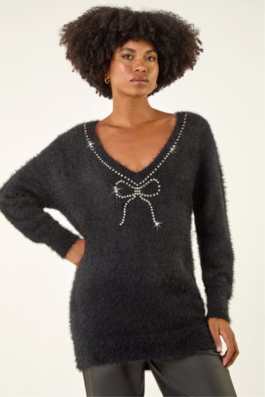 Roman Black Fluffy Embellished Bow Knit Jumper