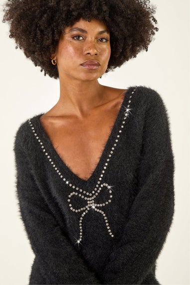 Roman Black Fluffy Embellished Bow Knit Jumper