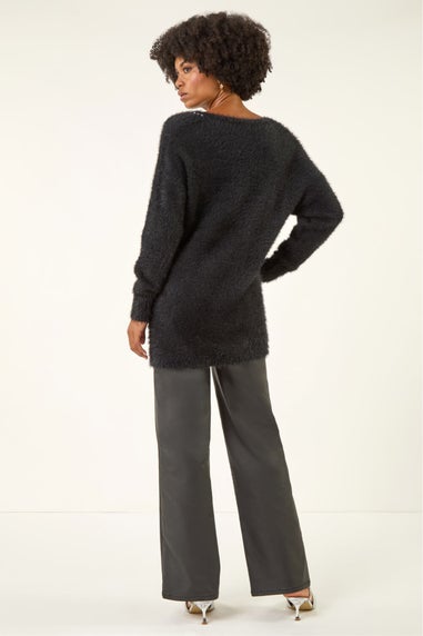 Roman Black Fluffy Embellished Bow Knit Jumper