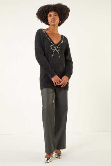 Roman Black Fluffy Embellished Bow Knit Jumper
