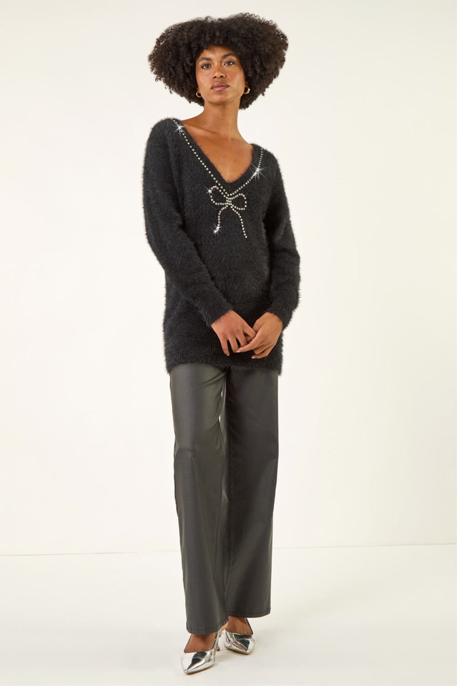 Roman Black Fluffy Embellished Bow Knit Jumper