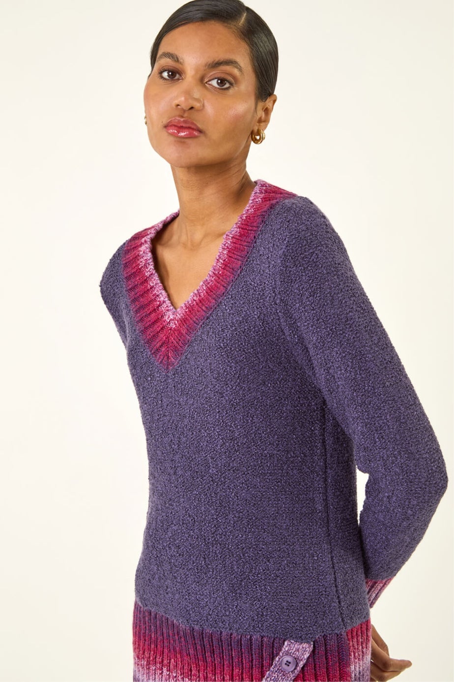 Roman Purple V-Neck Ombre Trim Knit Jumper