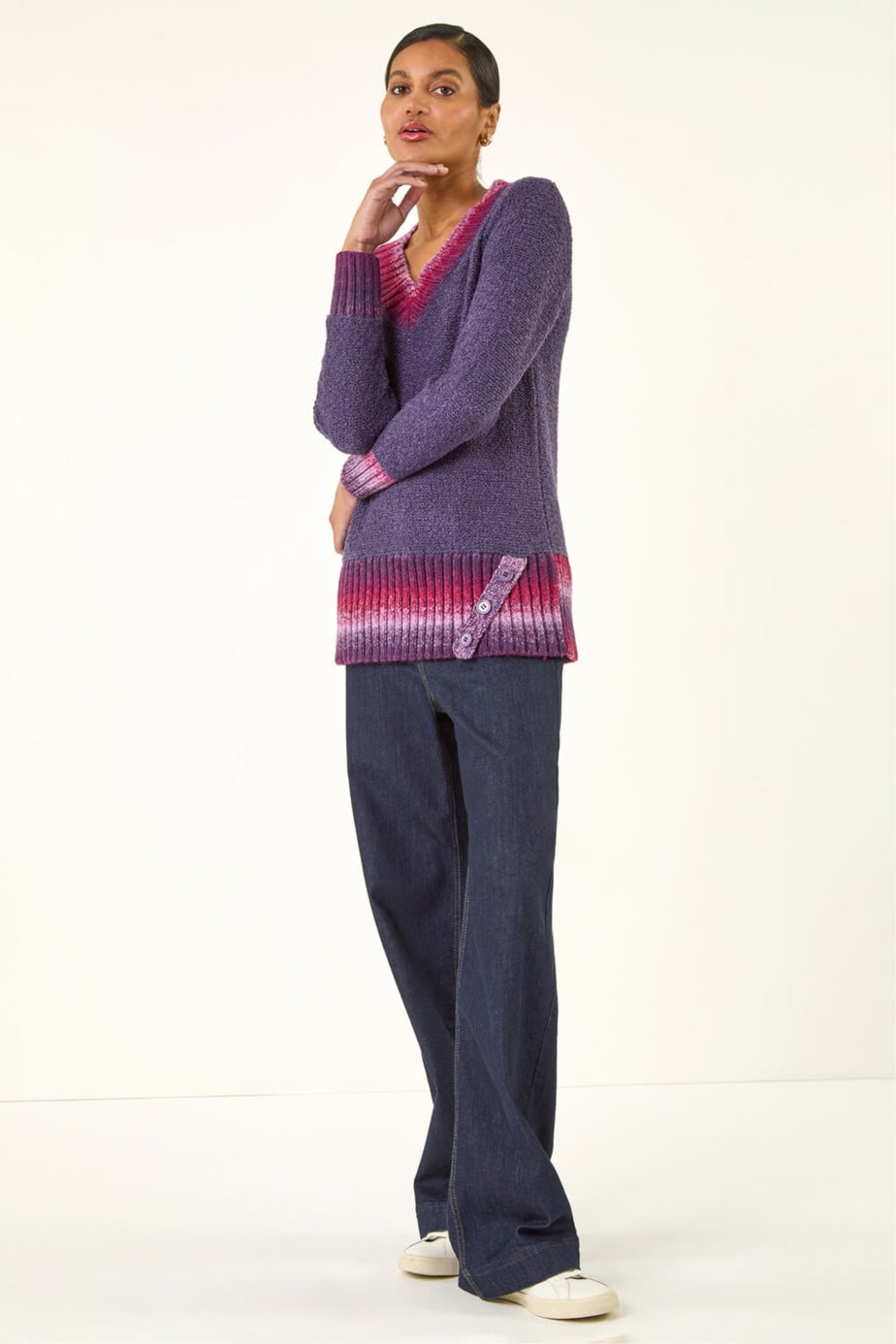 Roman Purple V-Neck Ombre Trim Knit Jumper