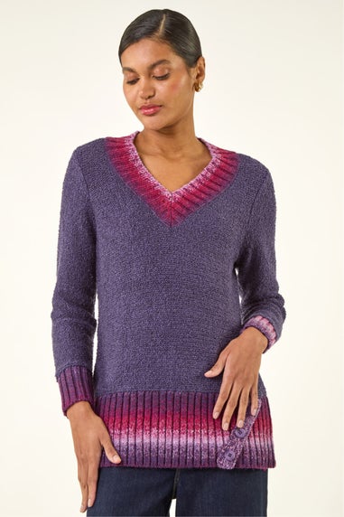 Roman Purple V-Neck Ombre Trim Knit Jumper