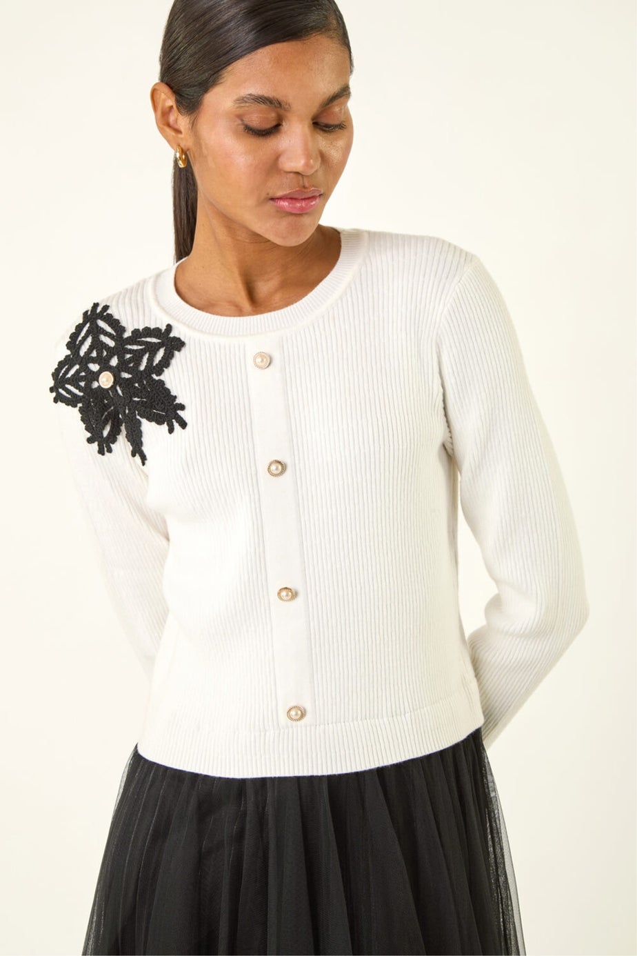 Roman Ivory Buttoned Knit Mesh Midi Dress