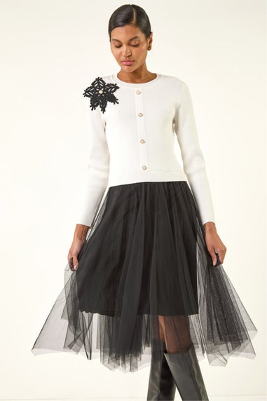 Roman Ivory Buttoned Knit Mesh Midi Dress