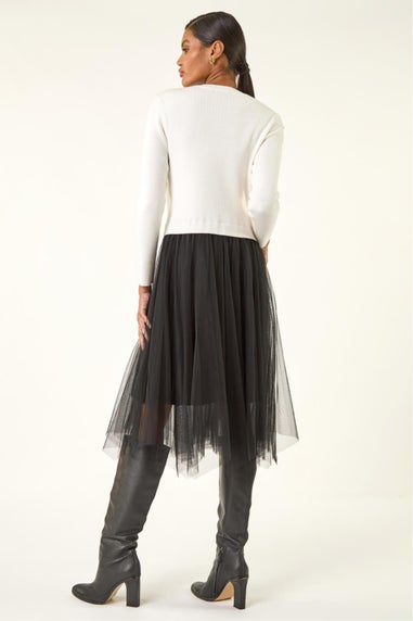 Roman Ivory Buttoned Knit Mesh Midi Dress