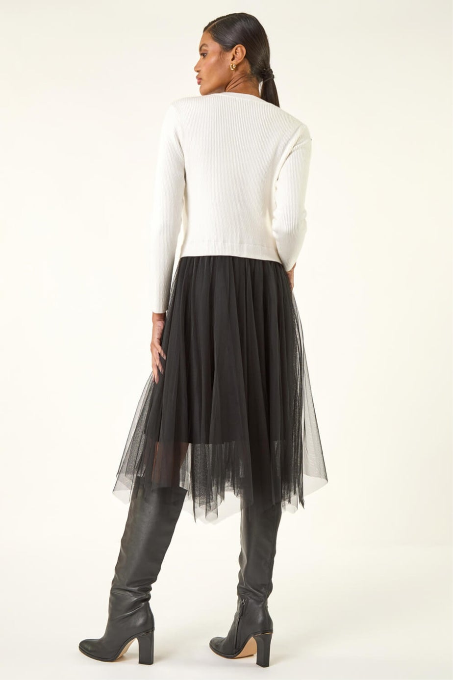 Roman Ivory Buttoned Knit Mesh Midi Dress