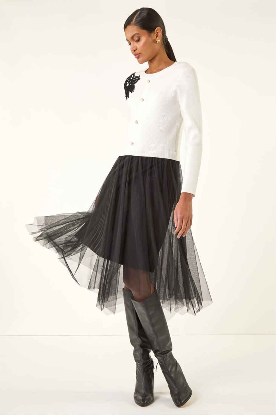 Roman Ivory Buttoned Knit Mesh Midi Dress