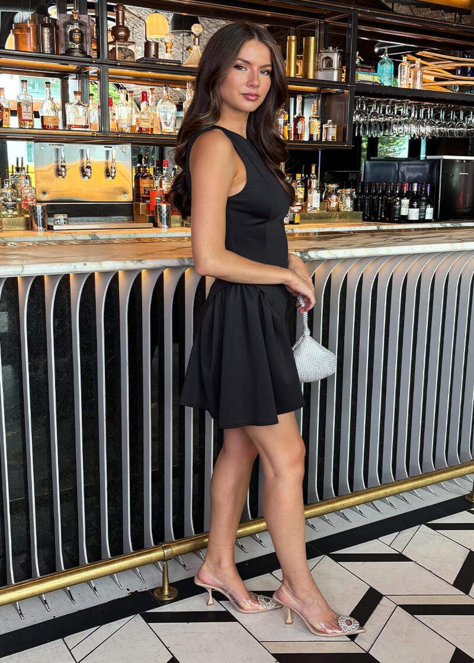 AX Paris Black Round Neck Pleated Hip Mini Dress