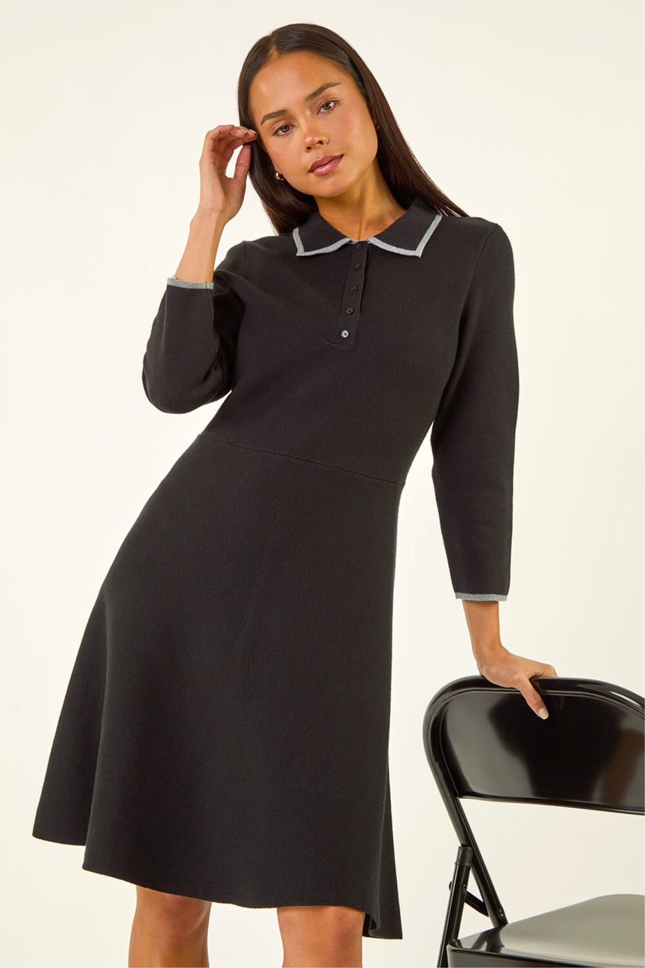 Roman Black Petite Collared Knit Dress