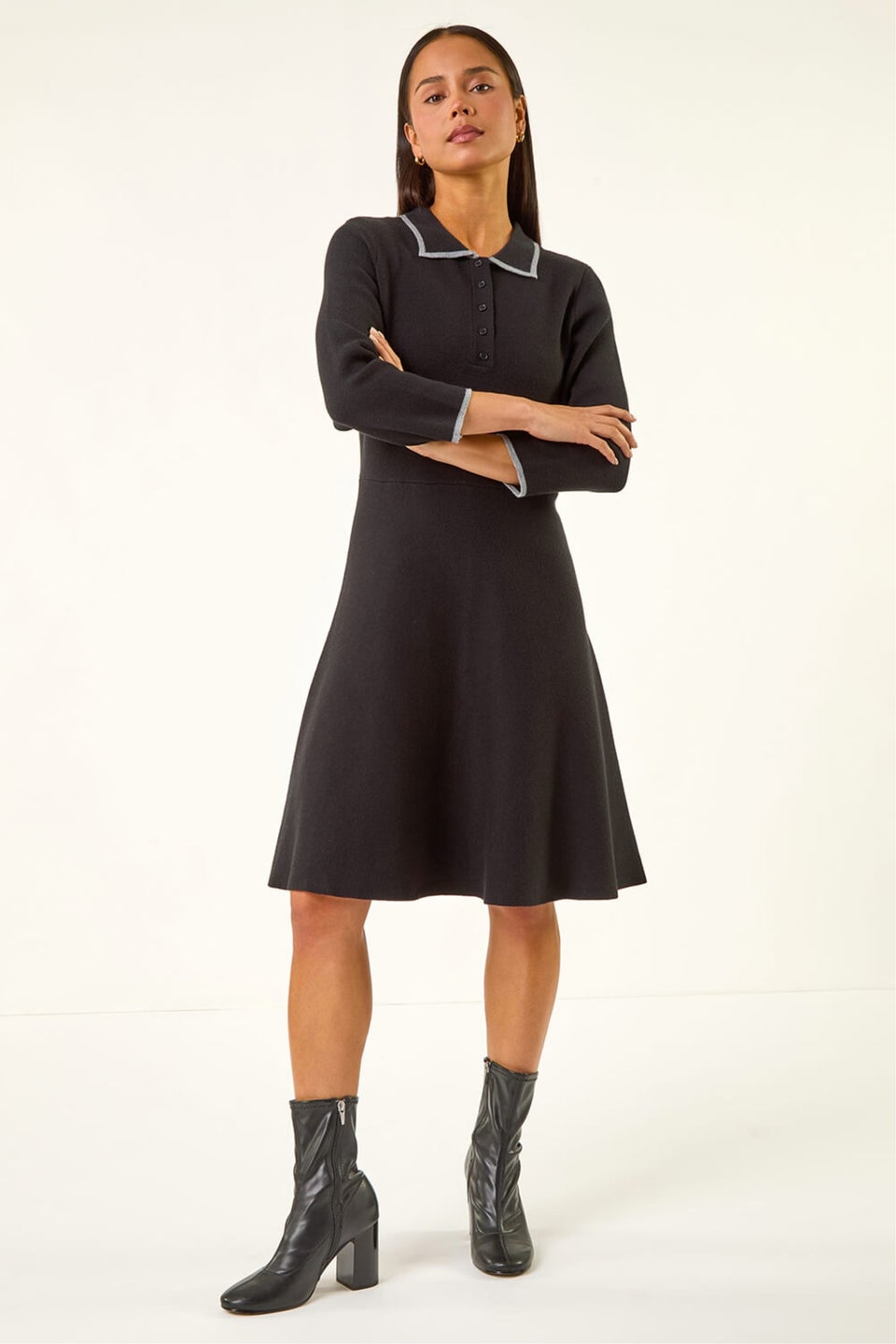 Roman Black Petite Collared Knit Dress